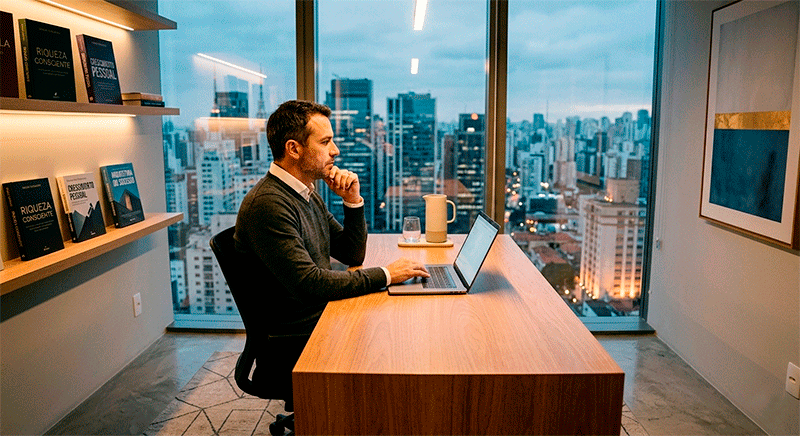 Homem refletindo sobre mentalidade financeira enquanto trabalha em notebook em ambiente sofisticado.